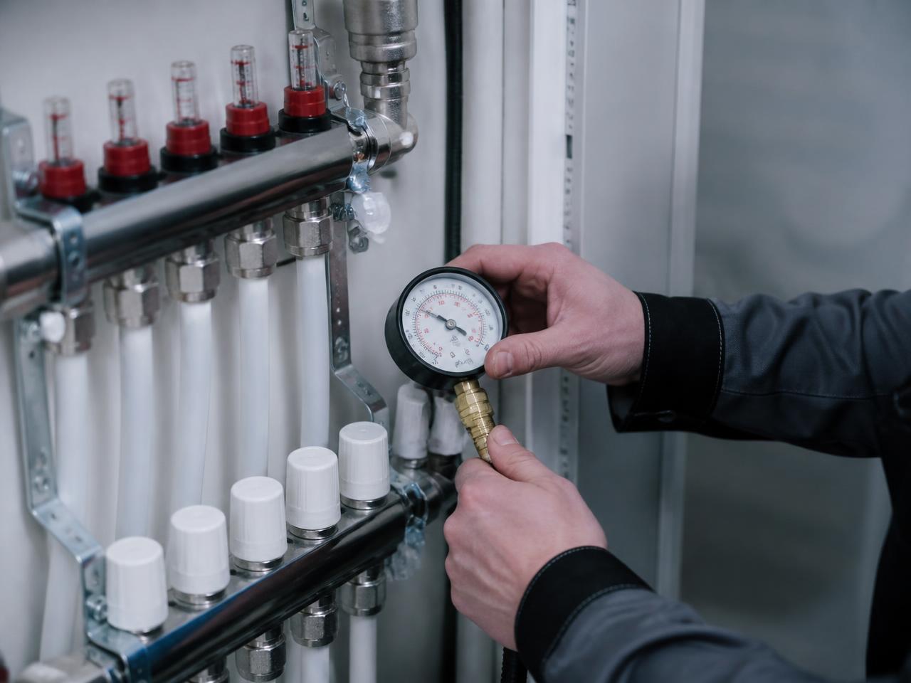 Technik kontroluje tlak na rozdělovači vytápění